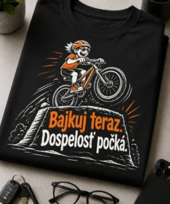 Cyklistické tričko s nápisom Bajkuj teraz. Dospelosť počká. a dynamickou ručne kreslenou bicyklovou grafikou preskakujúcou cez slovo dospelosť v oranžovo-bielom prevedení.