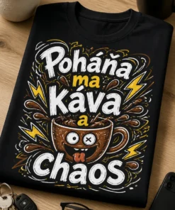 Poháňa ma káva a chaos – vtipné tričko s kávou, bleskami a chaotickým nápisom na tmavom podklade