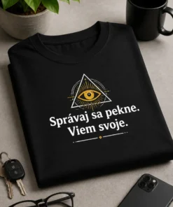 Minimalistické tričko s textom Správaj sa pekne. Viem svoje. a malým all-seeing eye motívom