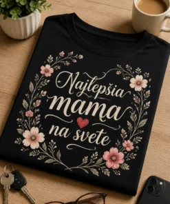 Dámske tričko s nápisom Najlepšia mama na svete, jemnými kvetmi a malým červeným srdcom na tmavom podklade.