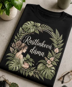 Dámske tričko s botanickým portrétom a nápisom Rastlinková dáma, s monstera listami a jemnými papraďami v sage a blush tónoch.