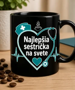 Mug s nápisom Najlepšia sestrička na svete v minimalistickom nemocničnom dizajne s EKG líniou a srdcom, vhodný ako darček pre zdravotnú sestru.