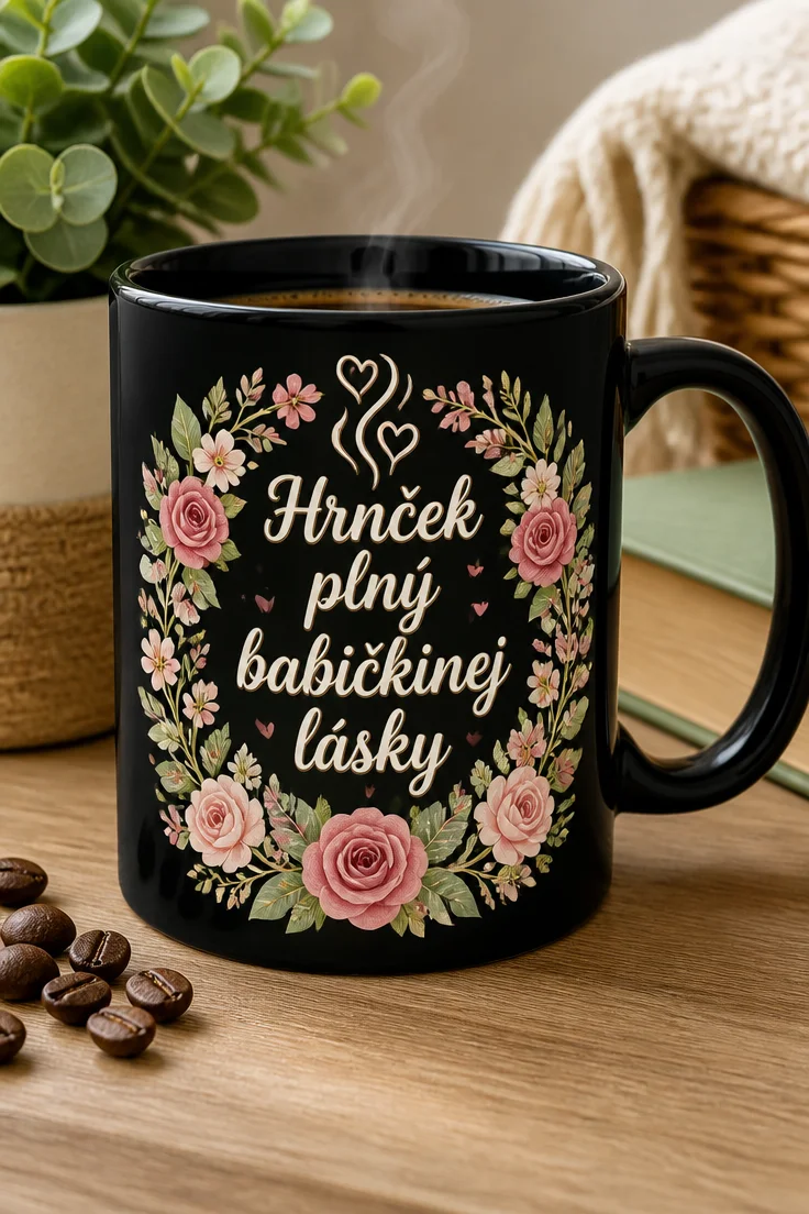 Hrnček pre babičku s nápisom Hrnček plný babičkinej lásky v jemnom kvetinovom dizajne