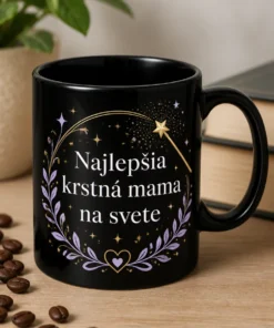 Elegantný darčekový hrnček pre krstnú mamu s nápisom Najlepšia krstná mama na svete, doplnený jemnou paličkou a hviezdnymi trblietkami v lila a zlatej.