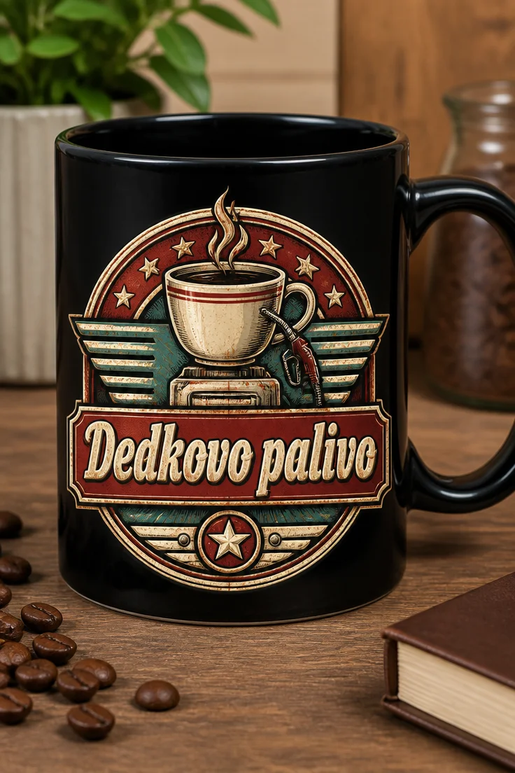Hrnček s nápisom Dedkovo palivo v retro štýle servisnej pumpy s kávovým motívom