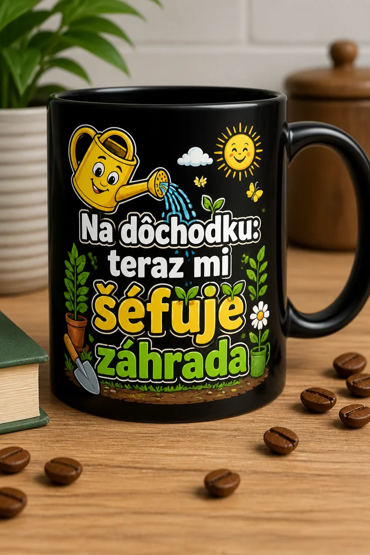 Hrnček s textom Na dôchodku: teraz mi šéfuje záhrada v zelenej a žltej grafike so zálievkou na slovo šéfuje.