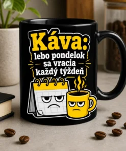 Čierny, biely a žltý hrnček s nápisom Káva: lebo pondelok sa vracia každý týždeň, kalendárom s mrzutou tvárou a šálkou kávy.