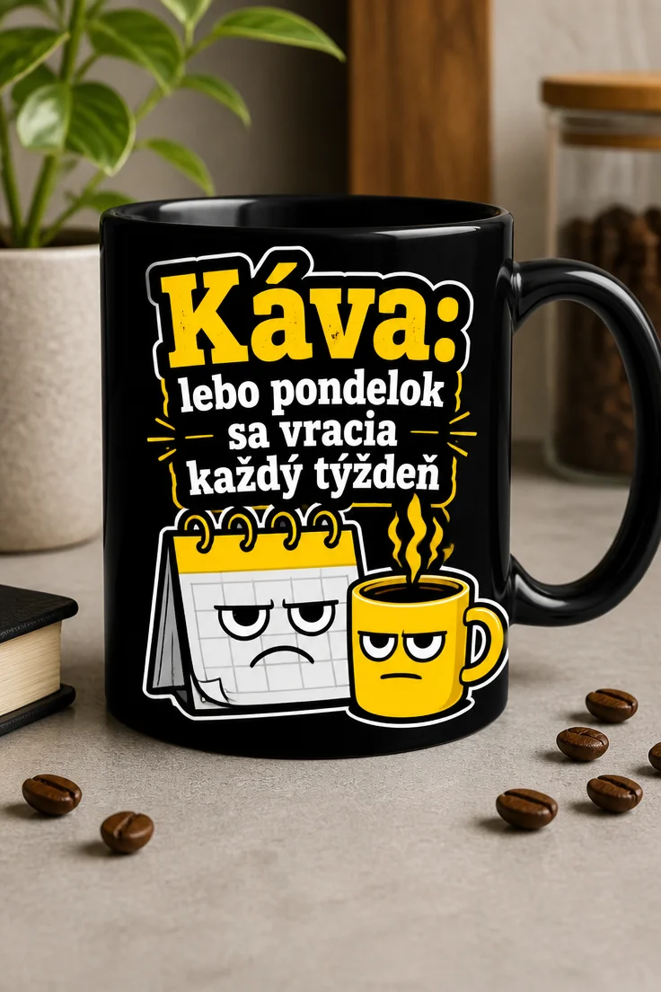 Čierny, biely a žltý hrnček s nápisom Káva: lebo pondelok sa vracia každý týždeň, kalendárom s mrzutou tvárou a šálkou kávy.