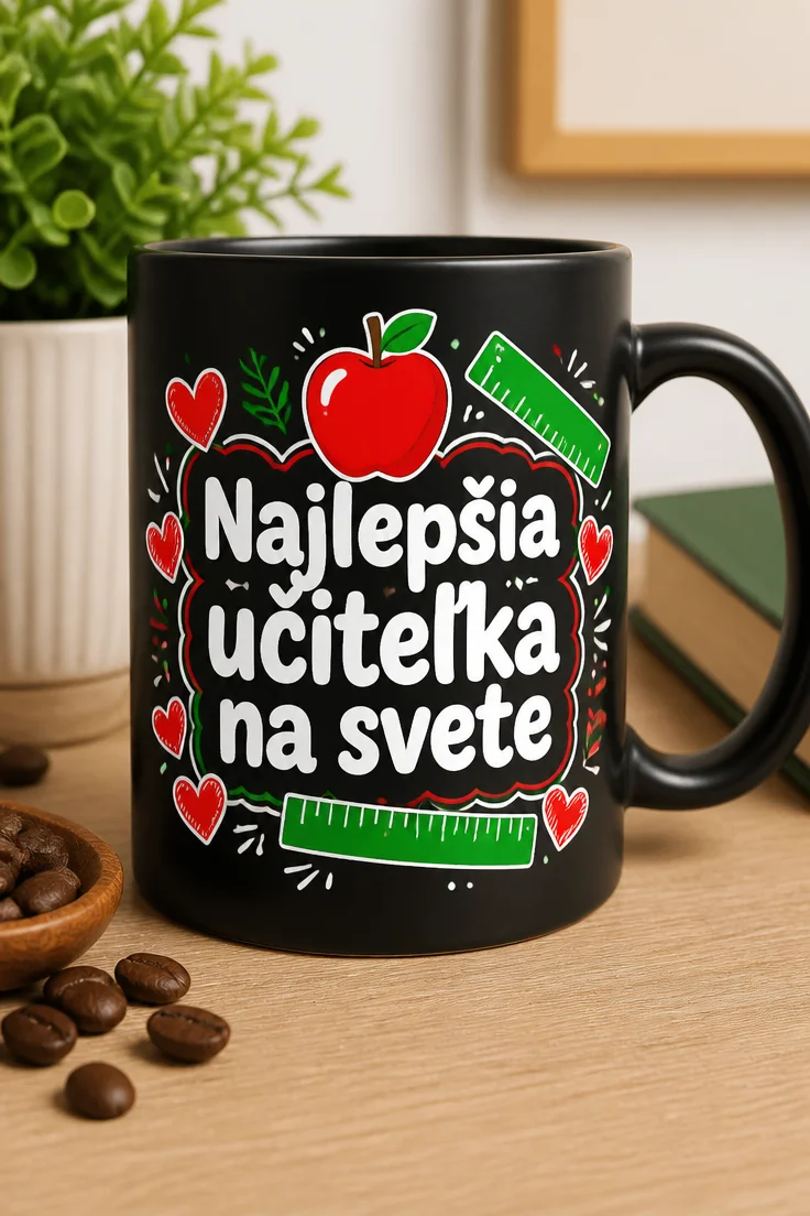 Mug s nápisom Najlepšia učiteľka na svete, doplnený o červené jabĺčko, pravítko a srdiečka v červeno-zeleno-bielej školskej grafike.