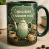 Mug s potlačou a sloganom Čajová duša v kávovom svete s ilustráciou čajníka medzi kávovými šálkami v sage green a krémovej.