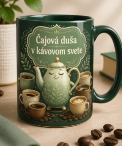 Mug s potlačou a sloganom Čajová duša v kávovom svete s ilustráciou čajníka medzi kávovými šálkami v sage green a krémovej.