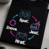 Pánske gamer tričko s nápisom Spať. Jesť. Hrať. Znova. v neónovom hernom štýle s ikonami spánku, jedla, ovládača a opakovania.