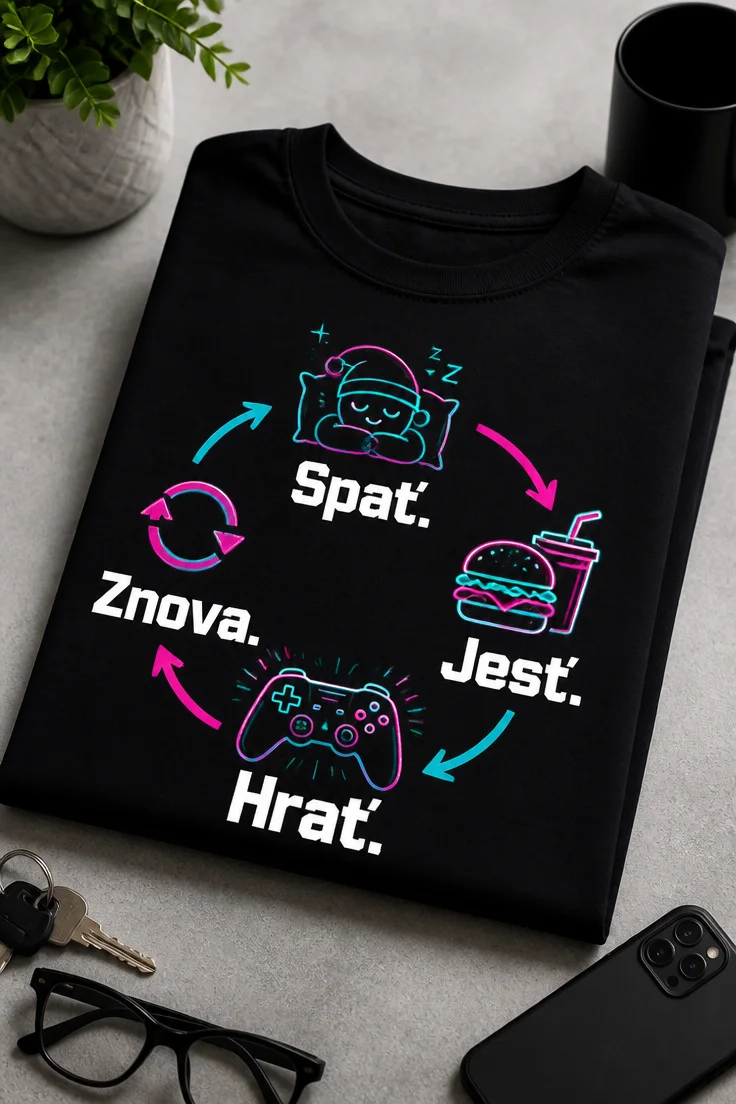 Pánske gamer tričko s nápisom Spať. Jesť. Hrať. Znova. v neónovom hernom štýle s ikonami spánku, jedla, ovládača a opakovania.