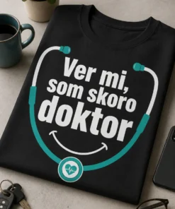 Pánske tričko s nápisom Ver mi, som skoro doktor a čistým medicínskym dizajnom so stetoskopom do úsmevu