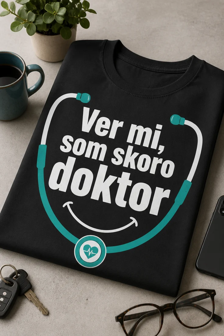Pánske tričko s nápisom Ver mi, som skoro doktor a čistým medicínskym dizajnom so stetoskopom do úsmevu