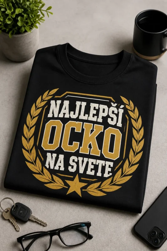 Pánske tričko s nápisom Najlepší ocko na svete v retro odznaku s vavrínovým vencom a hviezdou.