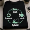 Rybárske tričko s minimalistickým štvorkrokovým cyklom ikon a nápisom Spať. Jesť. Rybačiť. Opakovať. v mätovej a bielej farbe