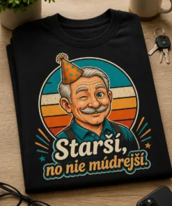 Humorné tričko s textom Starší, no nie múdrejší., usmiatou tvárou dedka s jedným okom žmurkajúcim, party klobúčikom a retro pásmi v tyrkysovej a oranžovej.