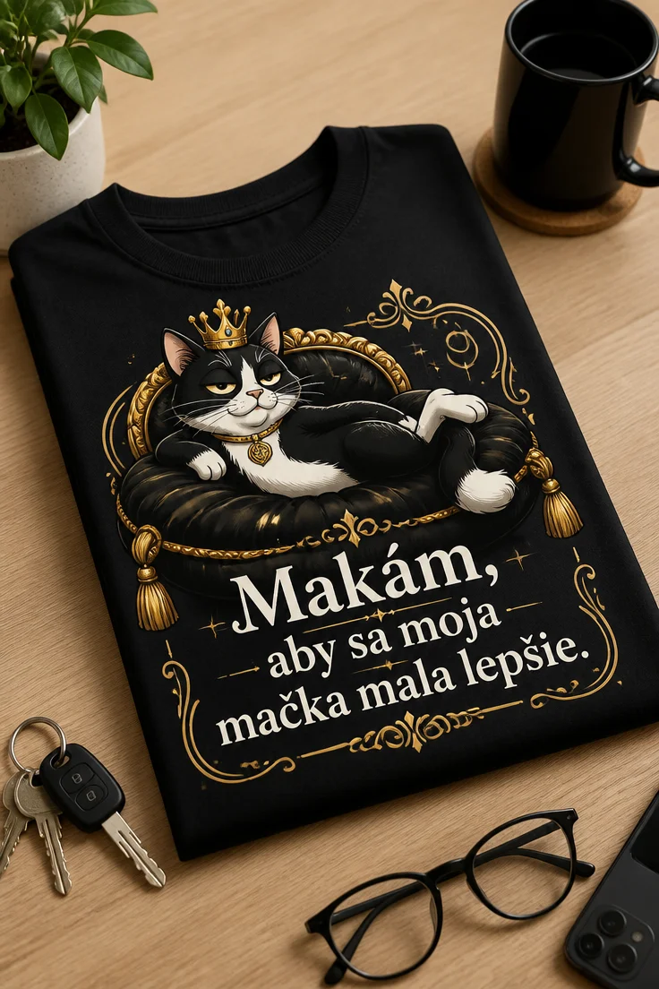 Sarcastické luxusné tričko s mačkou s korunou na elegantnom vankúši a nápisom Makám, aby sa moja mačka mala lepšie.