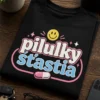 Tričko s nápisom pilulky šťastia v čistom typografickom štýle