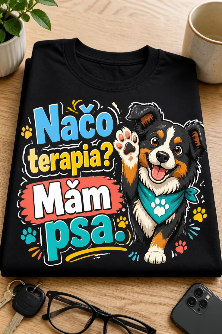 Tričko s nápisom Načo terapia? Mám psa., veselým kresleným psom a labkami v hravom dizajne pre milovníkov psov.
