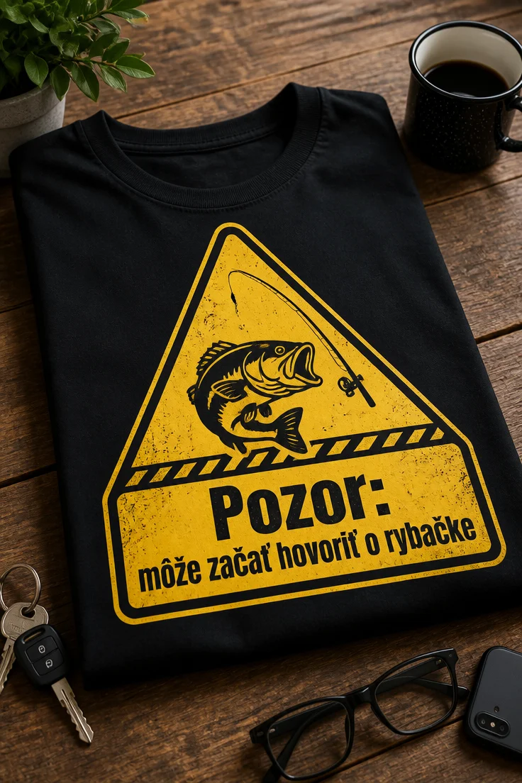 Tričko s rybárskym varovným trojuholníkom a textom Pozor: môže začať hovoriť o rybačke