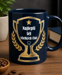 Minimalistický kancelársky motív s trofejou, kravatou, hviezdou a textom Najlepší šéf všetkých čias v navy a zlatej.