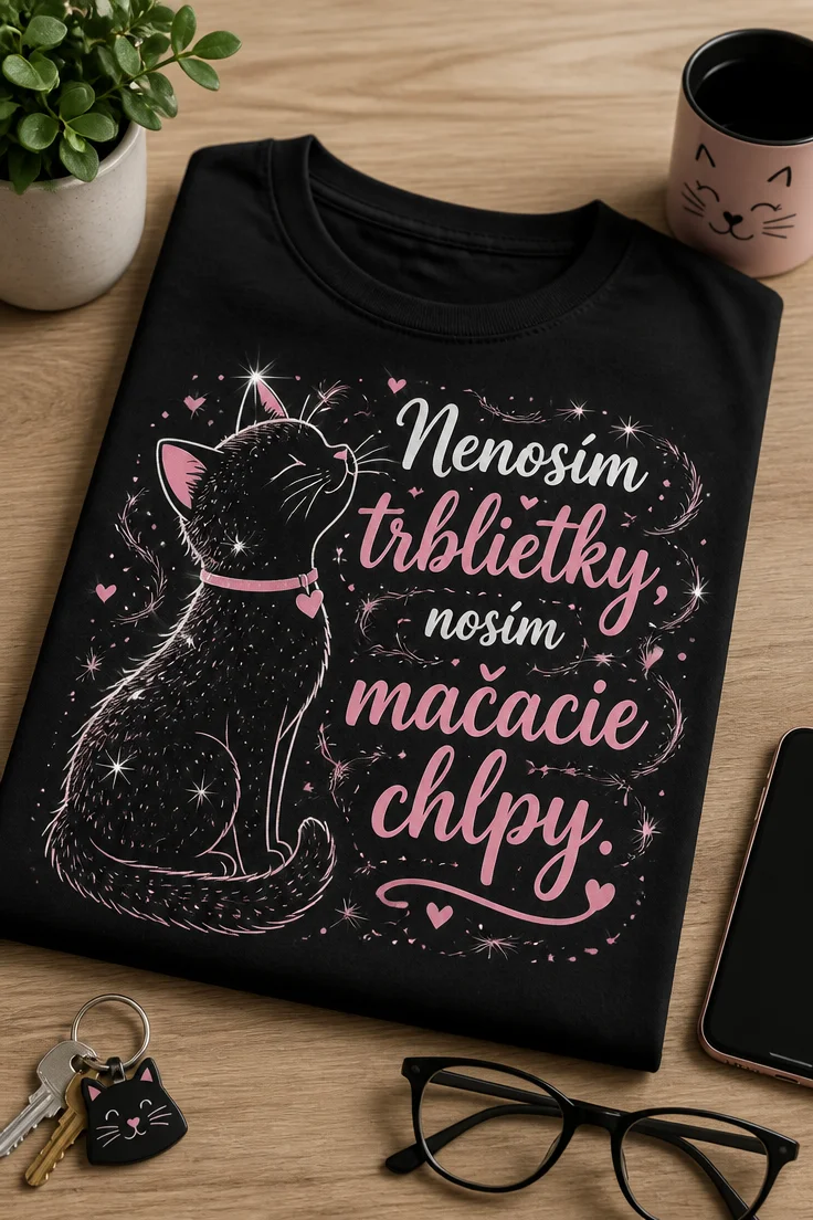 Dámske aj pánske tričko s mačacou siluetou a sloganom Nenosím trblietky, nosím mačacie chlpy. Vtipný darček pre milovníkov mačiek.