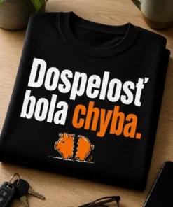 Tlačené tričko s nápisom Dospelosť bola chyba a malou rozbitou pokladničkou v minimalistickom štýle