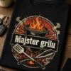 Tričko s vintage barbecue emblémom, nápisom Majster grilu, grilom, plameňmi, dymom a krížom s obracačkou a kliešťami