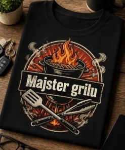 Tričko s vintage barbecue emblémom, nápisom Majster grilu, grilom, plameňmi, dymom a krížom s obracačkou a kliešťami