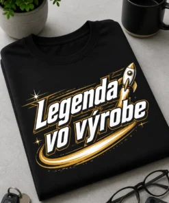 Tričko s nápisom Legenda vo výrobe a moderným raketovým motívom v zlatej a bielej farbe