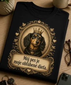 Tričko s dog portraitom v oválnom vintage ráme, korunou a sloganom Môj pes je moje obľúbené dieťa.