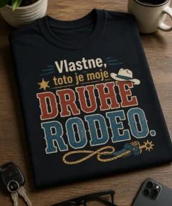 Vtipné tričko s nápisom Vlastne, toto je moje druhé rodeo. Stredový westernový typografický dizajn s jemnými rodeo prvkami.