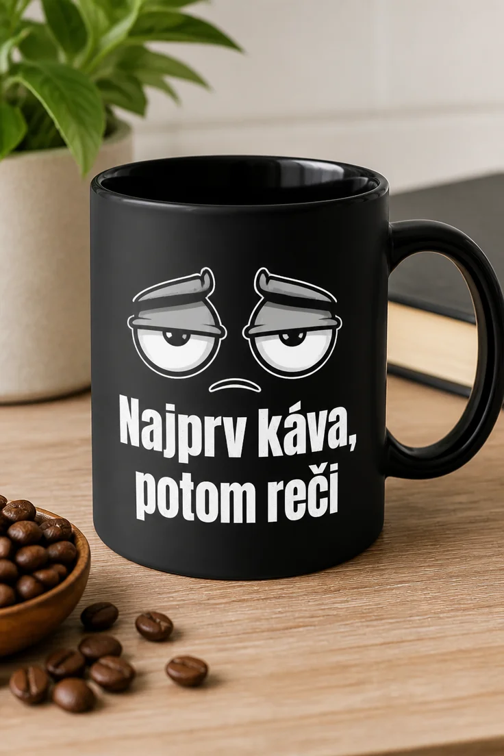 Minimalistický vtipný hrnček s ospalými polootvorenými očami a textom Najprv káva, potom reči v sivej a bielej potlači